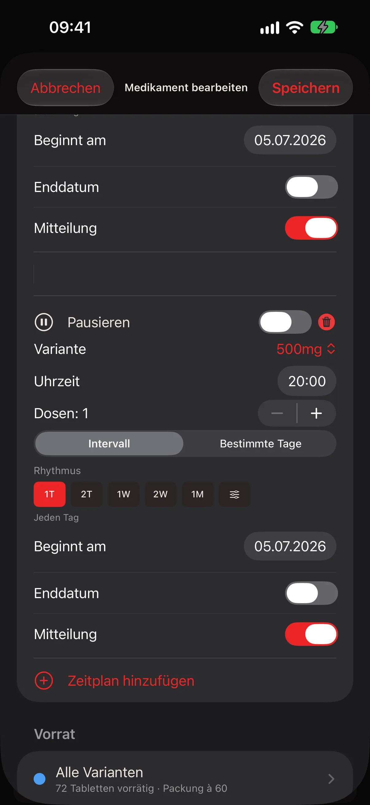 Abschnitt Vorrat im Medikamenten-Editor