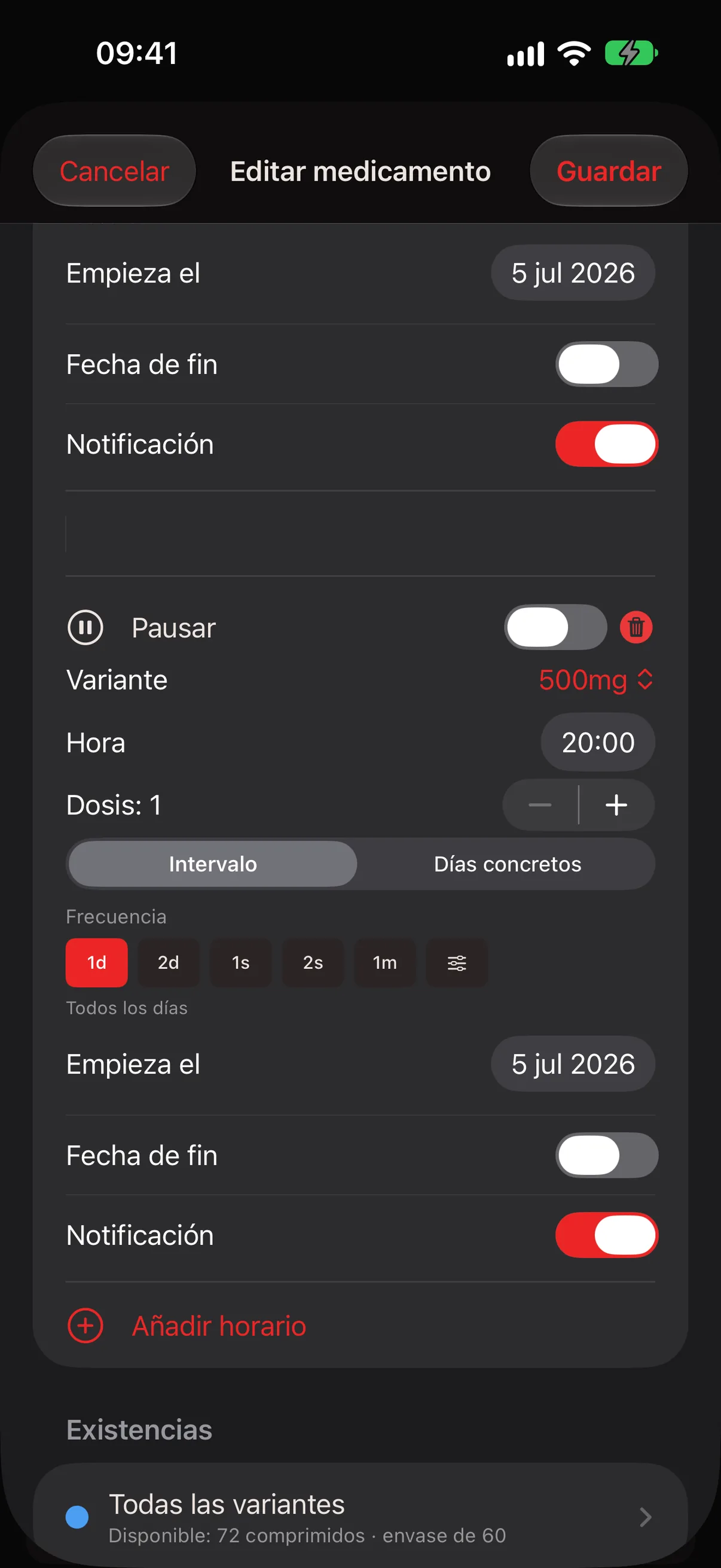 Sección Existencias en el editor de medicamentos
