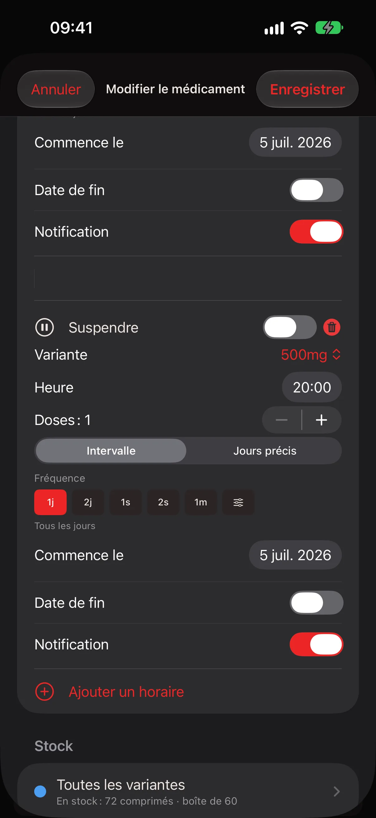 Section Stock dans l’éditeur de médicament