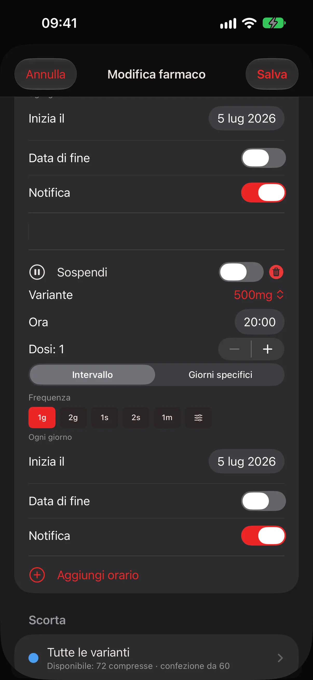 Sezione Scorta nell’editor dei farmaci
